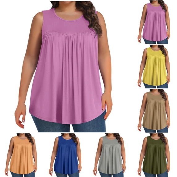 WRKEKC Summer Tops for Women, Summer T-Shirts for Women, Women's Plus Size Casual Linen Round Neck Solid Color Sleeveless T-Shirt Blouse Dressy Tops