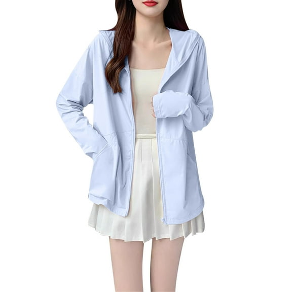 WRKEKC Sun Protection Shirts for Women Solid Color Long Sleeve Hooded Casual Jacket Outerwear for Women Daily Wear Trendy Spring Summer Layering Outfits