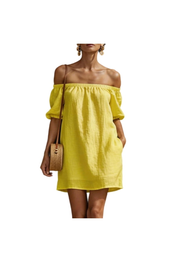 Sundresses for Women Solid Off Shoulder Short Sleeve Smocked Top Pockets Mini Soft Breathable Fabric Chic