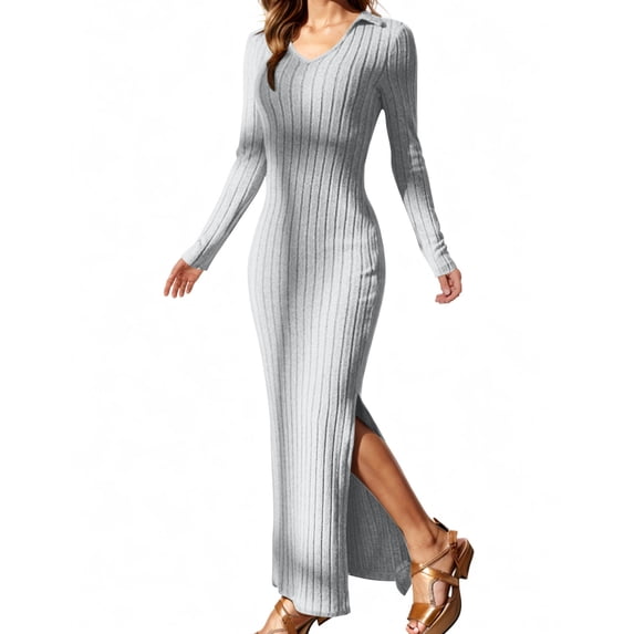 WRKEKC Sweater Dress for Women Solid Color Long Sleeve V-Neck Midi Dress for Fall Winter Knit Fabric Collared Neck Ribbed Detail with Back Zip and Cuffs