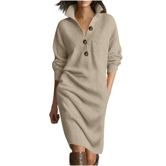 WRKEKC Sweater Dress for Women Solid Color Long Sleeve Collared Midi Dress for Fall Winter Button Front Loose Knit with Pockets and Side Slits