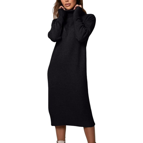 WRKEKC Sweater Dress for Women Solid Color Long Sleeve High Neck Midi Dress for Fall Winter Slim Fit Ribbed Knit with Side Slits and Straight Hem