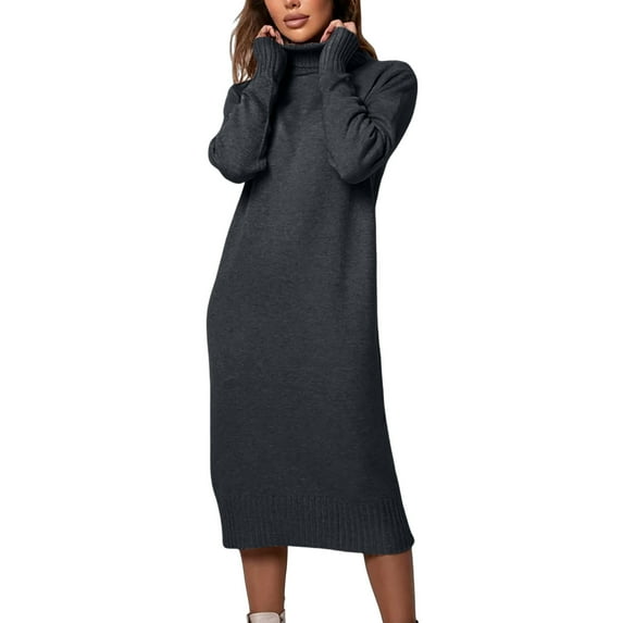 WRKEKC Sweater Dress for Women Solid Color Long Sleeve High Neck Midi Dress for Fall Winter Slim Fit Ribbed Knit with Side Slits and Straight Hem