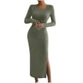 thumbnail image 1 of WRKEKC Sweater Dress for Women Solid Color Long Sleeve Round Neck Midi Dress for Fall Winter Ribbed Knit Side Slit Relaxed Fit with Back Zip, 1 of 7