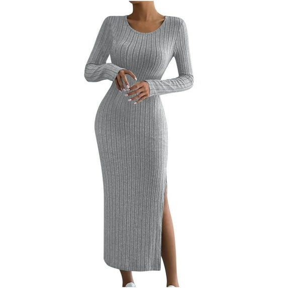 WRKEKC Sweater Dress for Women Solid Color Long Sleeve Round Neck Midi Dress for Fall Winter Ribbed Knit Side Slit Relaxed Fit with Back Zip
