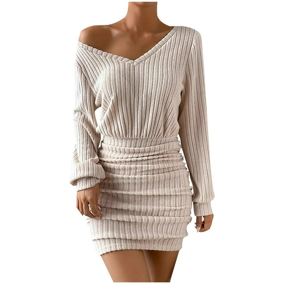 WRKEKC Sweater Dress for Women Solid Color Long Sleeve V-Neck Mini Dress for Fall Winter Ribbed Knit Bodycon Fit with Stretchy Fabric and Back Zip