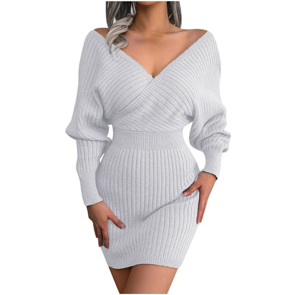 WRKEKC Sweater Dress for Women Solid Color V-Neck Batwing Sleeve Midi Dress for Fall Winter Knit Fabric Bodycon Fit with Back Zip and Soft Feel