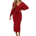 thumbnail image 1 of WRKEKC Sweater Dress for Women Solid Color V-Neck Batwing Sleeve Midi Dress for Fall Winter Knit Fabric Tie Detail with Side Slits and Back Zip, 1 of 8