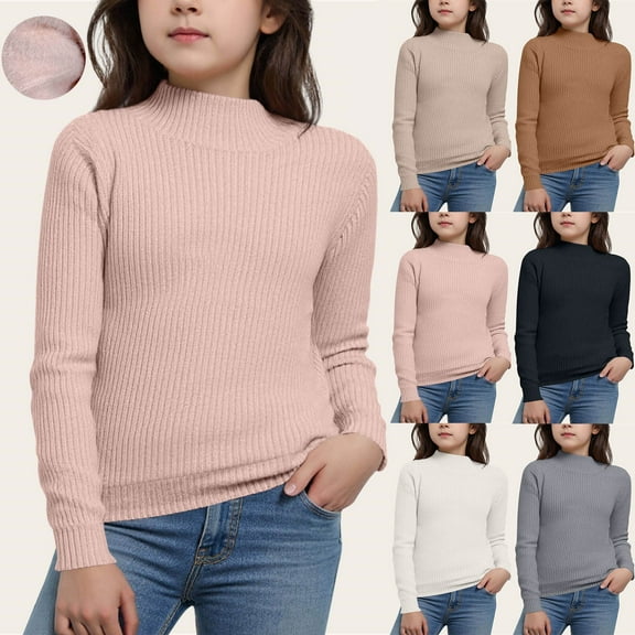 WRKEKC Sweaters for Girls Kids Sweater Solid Color Turtleneck Long Sleeve Thick Warm Soft Cozy Casual Knit Sweater Base Layer for 0-13Y Kids Winter Fall Everyday Wear