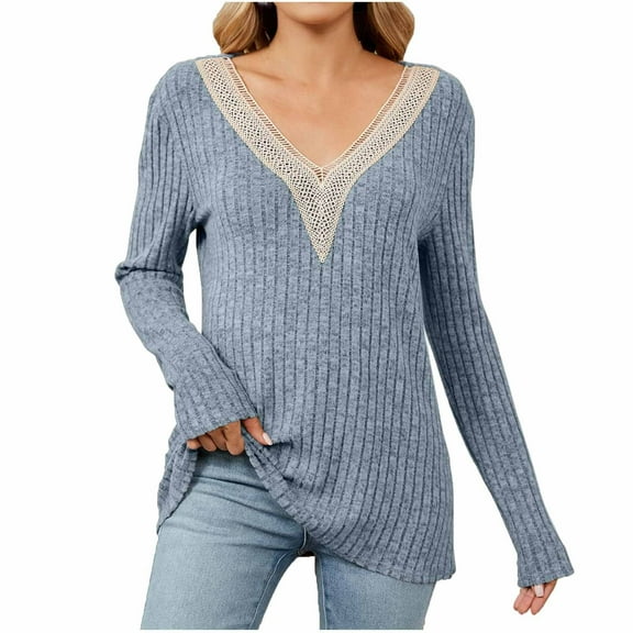 WRKEKC Sweaters for Women Fall Winter Solid Color V-Neck Long Sleeve Knitted Ribbed Patchwork Oversized Pullover Sweater for Women Trendy Casual Outfits