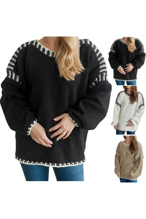 Sweaters for Women Autumn Winter Casual Long Sleeve Print Knit Pullover with Round Neck Floral Pattern Cozy Warm
