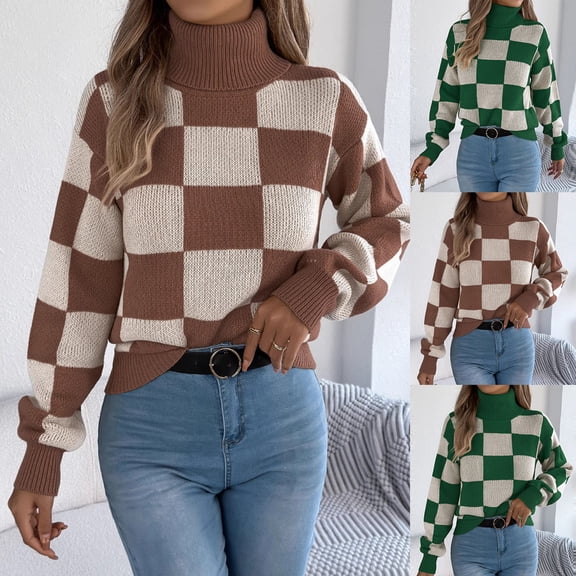WRKEKC Sweaters for Women Autumn Winter Fashion Long Sleeve Color Block Plaid Print Knit Pullover with High Neck Trendy