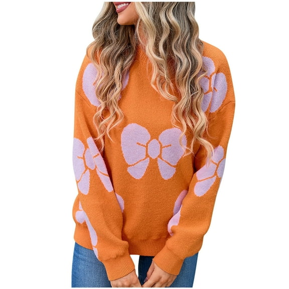 WRKEKC Sweaters for Women Crew Neck Bow Printed Long Sleeve Knitted Sweater for Women Fall Winter Trendy Outfits
