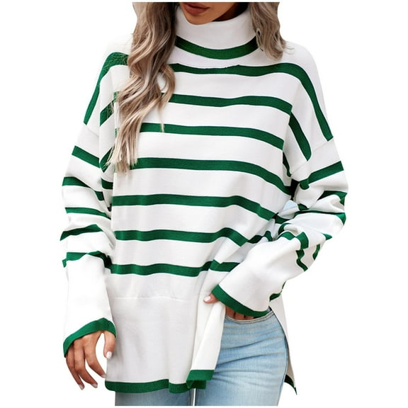 WRKEKC Sweaters for Women Oversized Long Sleeve Turtleneck Striped Knitted Sweater Top with Side Slit for Women Fall Winter Trendy Casual Outfits