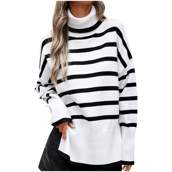 WRKEKC Sweaters for Women Oversized Long Sleeve Turtleneck Striped Knitted Sweater Top with Side Slit for Women Fall Winter Trendy Casual Outfits