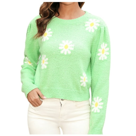 WRKEKC Sweaters for Women Print Daisy Floral Long Sleeve Knitted Crew Neck Casual Soft Trendy Daily Casual Sweater