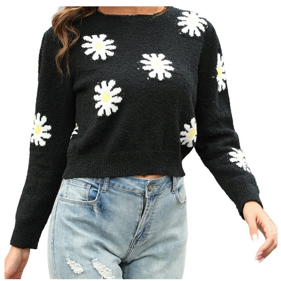 WRKEKC Sweaters for Women Print Daisy Floral Long Sleeve Knitted Crew Neck Casual Soft Trendy Daily Casual Sweater
