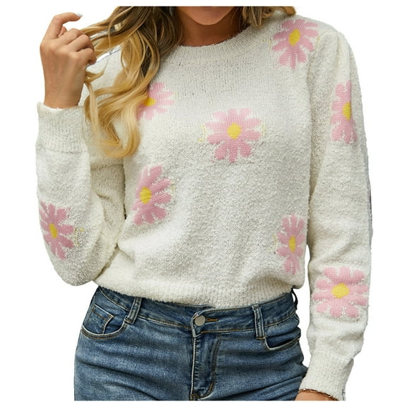 WRKEKC Sweaters for Women Print Daisy Floral Long Sleeve Knitted Crew Neck Casual Soft Trendy Daily Casual Sweater