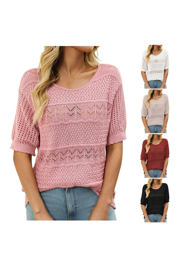 Sweaters for Women Summer Casual Short Sleeve Solid Color Knit Pullover with Round Neck Lace Crochet Design Lightweight for Everyday Wear
