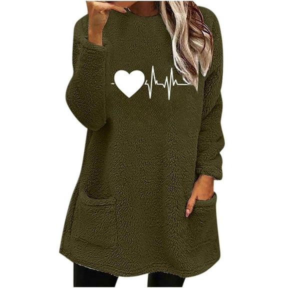 WRKEKC Sweaters for Women Trendy Fall Winter Fleece Crew Neck Heart Print Pocket Long Sleeve Thickened Warm Top
