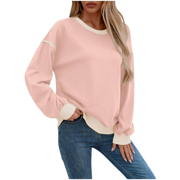 WRKEKC Sweatshirts for Women Solid Color Crew Neck Long Sleeve Sweatshirt with Contrast Trim Loose Fit Sleeveless Hood Casual Fall Winter Top