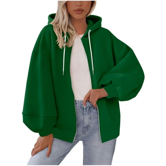 WRKEKC Sweatshirts for Women Solid Color Hooded Zip Up Sweatshirt with Pockets and Lantern Sleeves Loose Fit Casual Fall Winter Outerwear