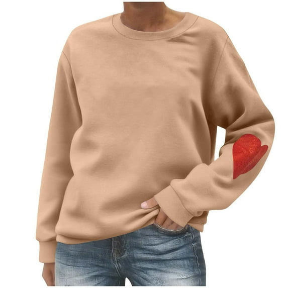 WRKEKC Sweatshirts for Women Solid Color Round Neck Loose Fit Sweatshirt with Heart Print Long Sleeve Soft Fleece Fall Winter Casual Top