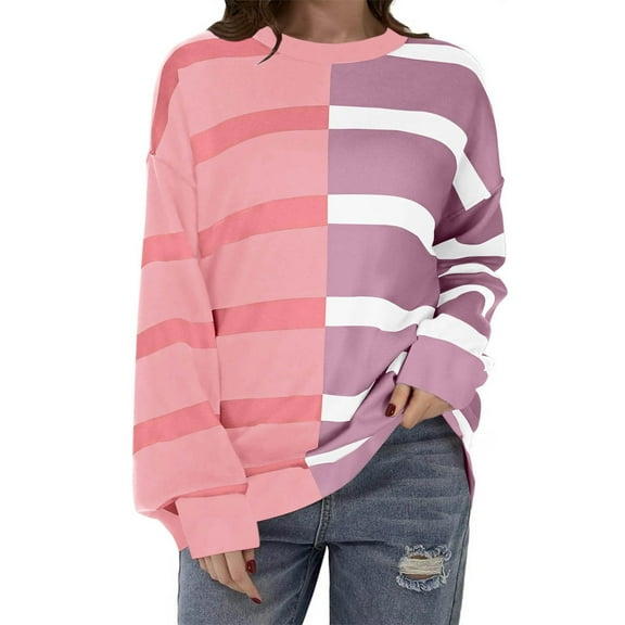 WRKEKC Womens Casual Striped Printed Crew Neck Sweatshirt Women Long Sleeve Pullover Sweatshirt Daily Casual Top