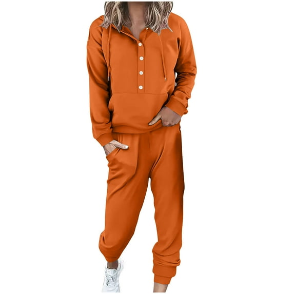 WRKEKC Sweatsuits Women 2 Piece Outfit Outfits for Women Fall Outfits for Women Solid Color Long Sleeve Hooded Button Top and Jogger Pants Set for Casual Lounge Travel
