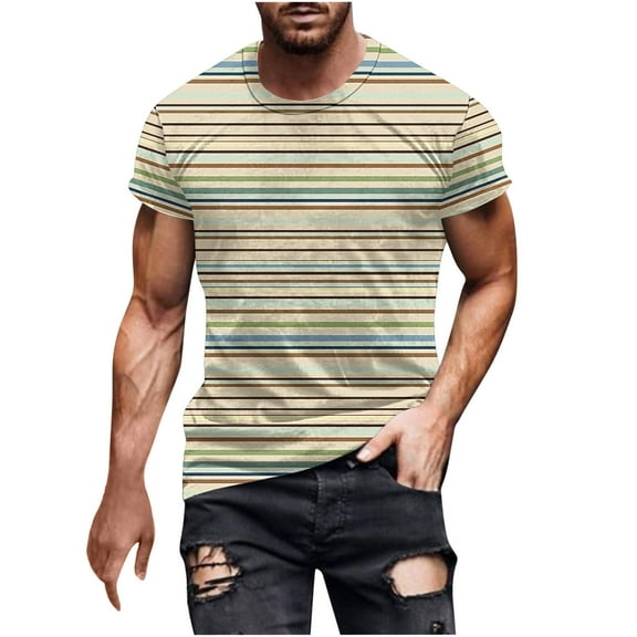 WRKEKC T-Shirts for Men Stripe Print Round Neck Short Sleeve Top T Shirt Comfortable Casual Wear Lightweight Breathable Fabric