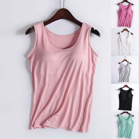 WRKEKC Womens Sleeveless Tank Tops Cami Tank Tops for Women Solid Color Crew Neck Built in Bra Sleeveless Tops No Underwire Comfortable for Layering and Lounging