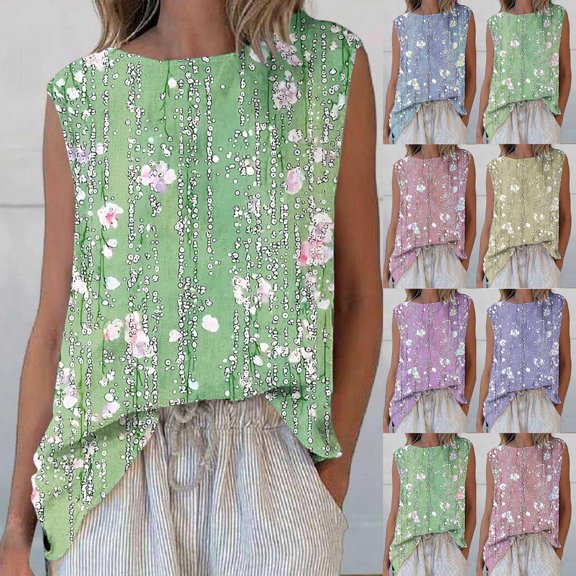 WRKEKC Tank Top for Womens, Summer Tank Tops for Womens, Women's Trendy Casual Floral Printed Round Neck Sleeveless T-Shirt Vest Tank