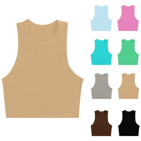 WRKEKC Womens Sleeveless Tank Top Casual Solid Color Crew Neck Ribbed Knit Crop Top for Workouts and Active Wear