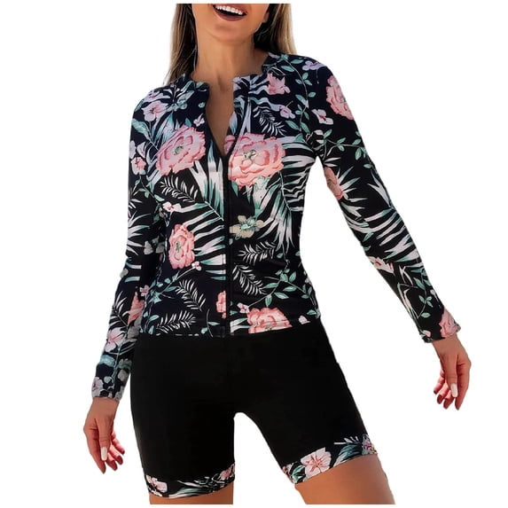 WRKEKC Tankini Swimsuit Women Hawaiian Print Modest Zip Front Sun Protection 2 Piece Set with Removable Cups and Bottoms