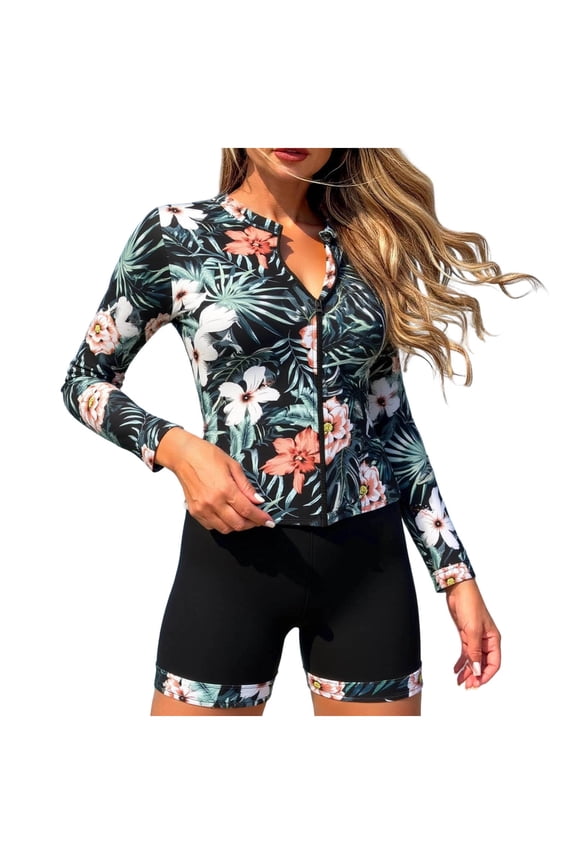 Tankini Swimsuit Women Hawaiian Print Modest Zip Front Sun Protection 2 Piece Set with Removable Cups and Bottoms