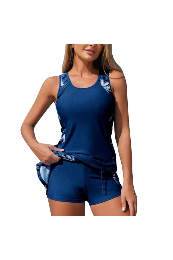 Tankini Swimsuit Women Solid Color Wave Print 2 Piece Set with Removable Cups Summer Beach Modest Classic Style