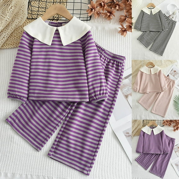 WRKEKC Toddler Fall Outfits for Girls 2-8 Years Fashion Stripe Print Long Sleeve Peter Pan Collar Top and Elastic Waist Pants Two Piece Warm Cozy Winter Outfit Set