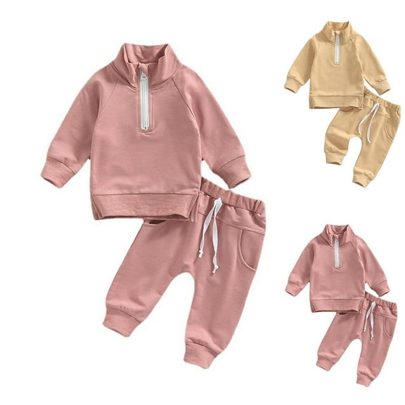 WRKEKC Toddler Fall Outfits for Girls Boys 1-6 Years Solid Color Half Zip Long Sleeve Top and Jogger Pants Two Piece Casual Winter Set