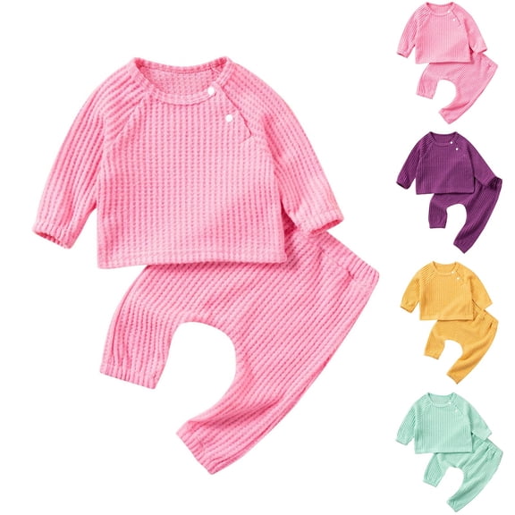 WRKEKC Toddler Fall Outfits for Girls Boys 3 Months-2 Years Solid Color Waffle Knit Long Sleeve Crew Neck Top and Pants Two Piece Warm Set