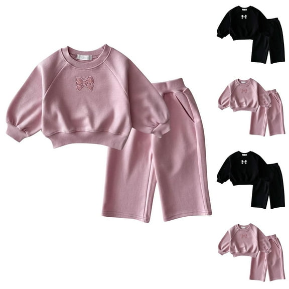 WRKEKC Toddler Girl Winter Outfits 2-Piece Bowknot Print Crewneck Fleece-Backed Sweatshirt and Wide-Leg Pants Casual Set 3 Months-4 Years