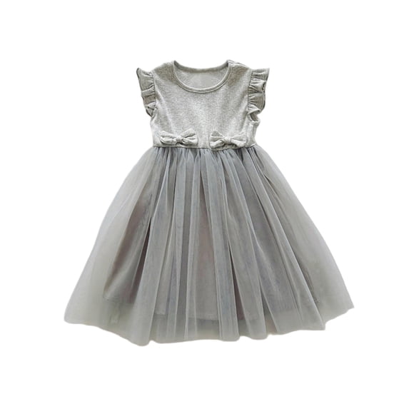 WRKEKC Toddler Girls Dress Ruffle Sleeve Crew Neck Bow Detail Tulle Skirt Cute for Summer Outings and Special Occasions Girls 0-8 Years