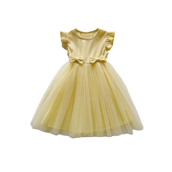 WRKEKC Toddler Girls Dress Ruffle Sleeve Crew Neck Bow Detail Tulle Skirt Cute for Summer Outings and Special Occasions Girls 0-8 Years