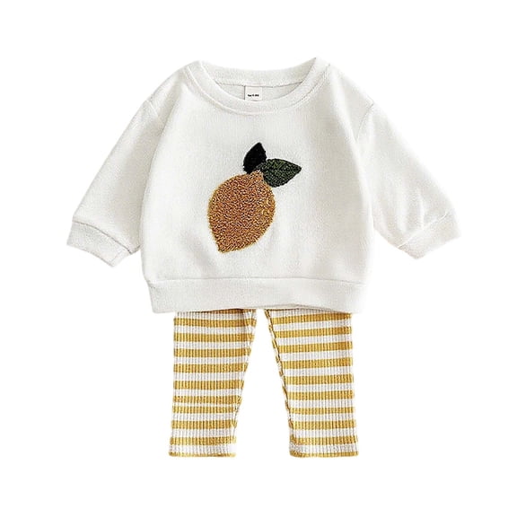 WRKEKC Toddler Girls Spring Fall Outfits Fruit Embroidered Long Sleeve Knit Top and Striped Pants 2 Piece Set for Newborns 6 Months - 3 Years