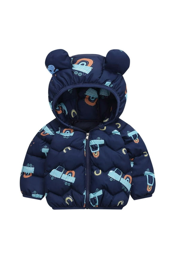 Toddler Kids Winter Padded Jacket Strawberry Print Bear Ear Hooded Coat for 9 Months-7 Years Infants Cold Weather Wear