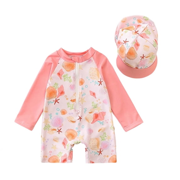 WRKEKC Toddler Swimsuit Girl 2 Piece Set Floral Print Zip Front One Piece with Swim Cap Sun Protection 6 Months-3 Years