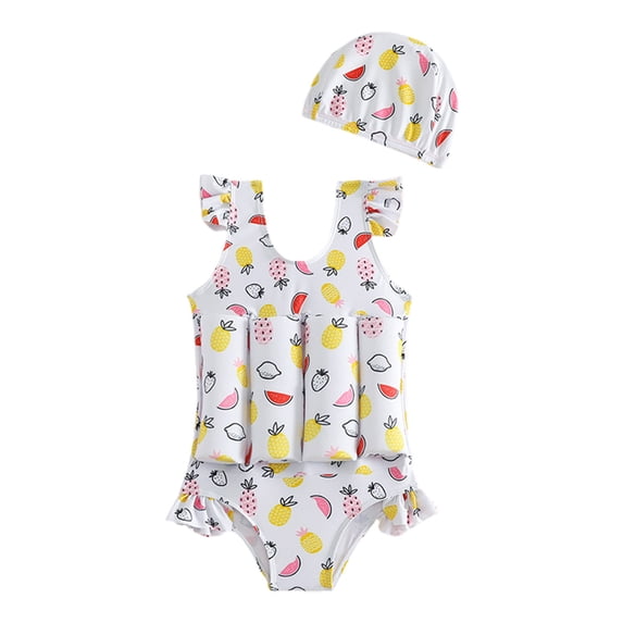 WRKEKC Toddler Swimsuit Girl One Piece Floral Print Tank Style with Built in Floaties Arm Rings Sun Safe 1-5 Years