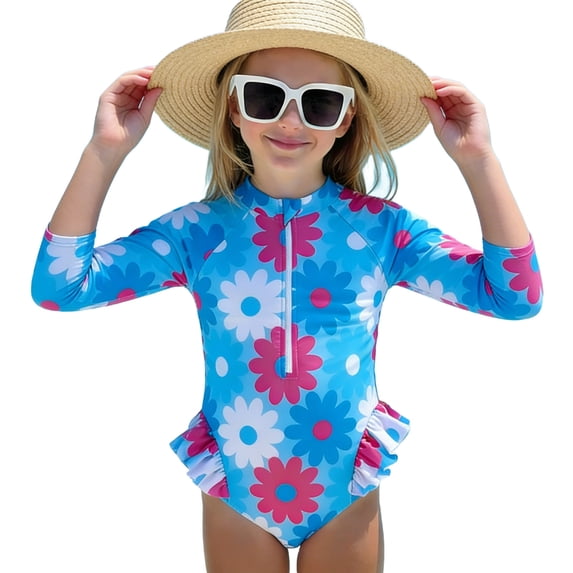 WRKEKC Toddler Swimsuit Girl One Piece Printed Long Sleeve Rash Guard Sun Protection Swimwear 1-6 Years