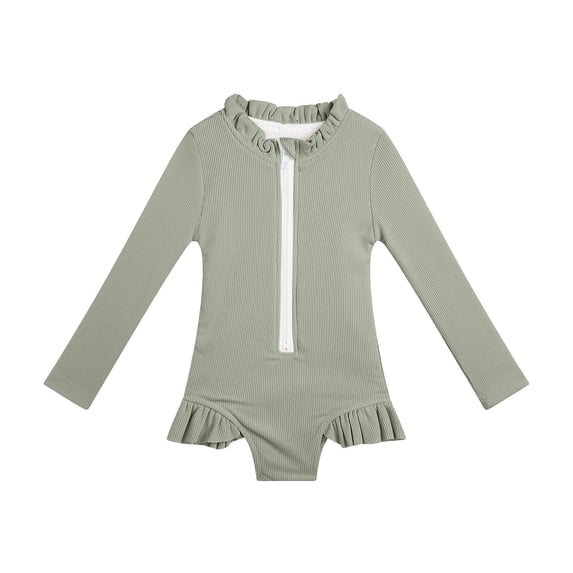WRKEKC Toddler Swimsuit Girl Solid Ribbed Long Sleeve Rash Guard Half Zip Front Ruffled Trim One Piece Bathing Suit 12 Months - 5 Years