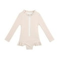 thumbnail image 1 of WRKEKC Toddler Swimsuit Girl Solid Ribbed Long Sleeve Rash Guard Half Zip Front Ruffled Trim One Piece Bathing Suit 12 Months - 5 Years, 1 of 2
