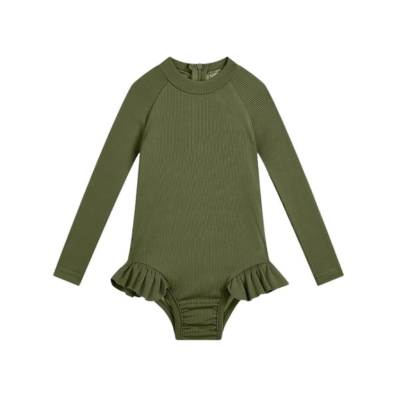 WRKEKC Toddler Swimsuit Girl Solid Ribbed Long Sleeve Rash Guard Zip Back Ruffled Trim One Piece Bathing Suit 12 Months - 5 Years